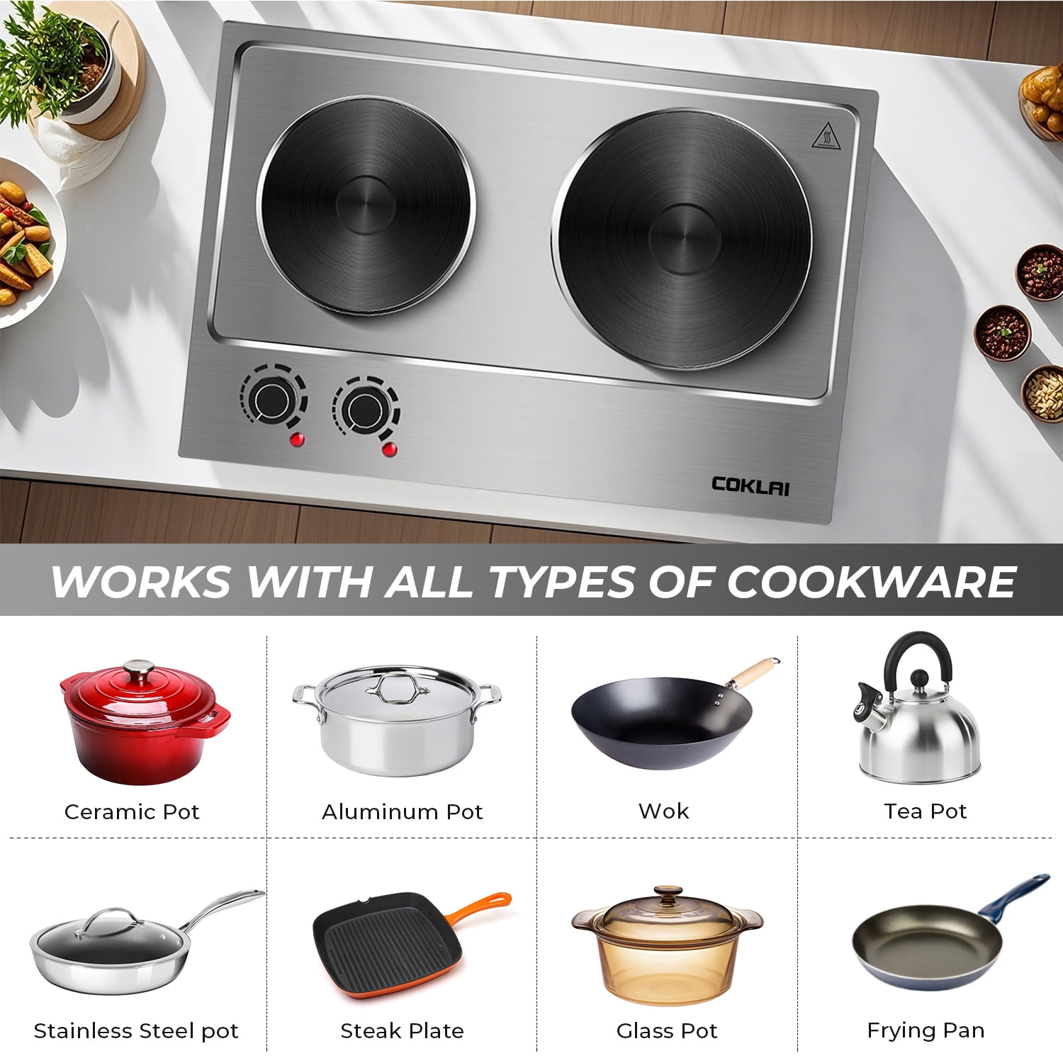 Coklai 1800W Portable Double Burner Hot Plate, Stainless Steel Countertop Electric Cooktop with Dual Cast Iron Heating Plates, Easy to Clean, 24-month warranty