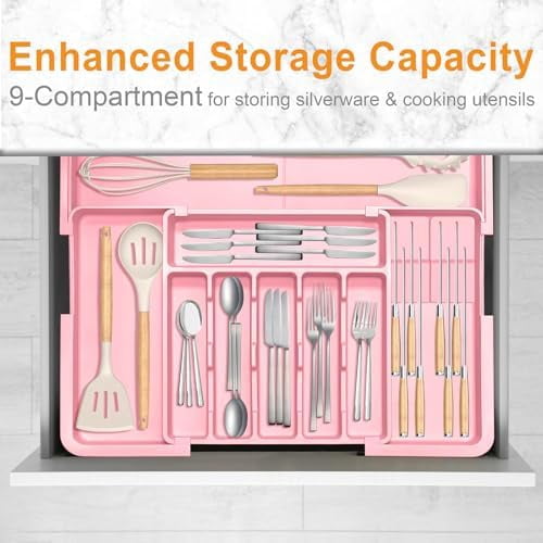 Silverware Organizer - Expandable Large Kitchen Drawer Organizer Utensil Organizer with 2 Knife Block Inserts, 22"x 19"Cutlery Tray with Drawer Dividers for Kitchen Flatware (Pink)