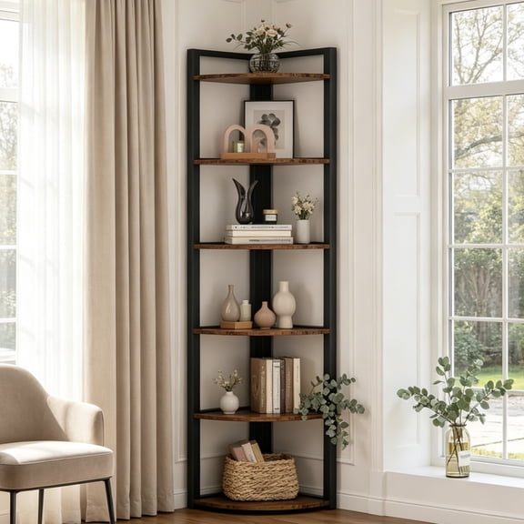 Fnova 70.9" 6-Tier Corner Shelf, Rustic Corner Bookshelf, Compact Storage Rack for Living Room, Home Office, Kitchen
