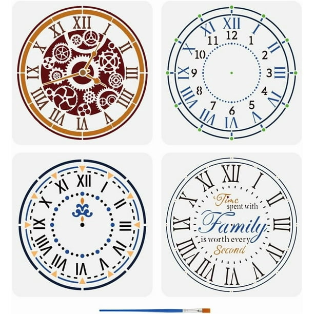 Plantillas para pintar relojes con pincel (4 piezas, 30 x 30 cm), plantillas para esferas de reloj, números arábigos, manecilla de hora, segundero, engranajes, letras, manualidades.
