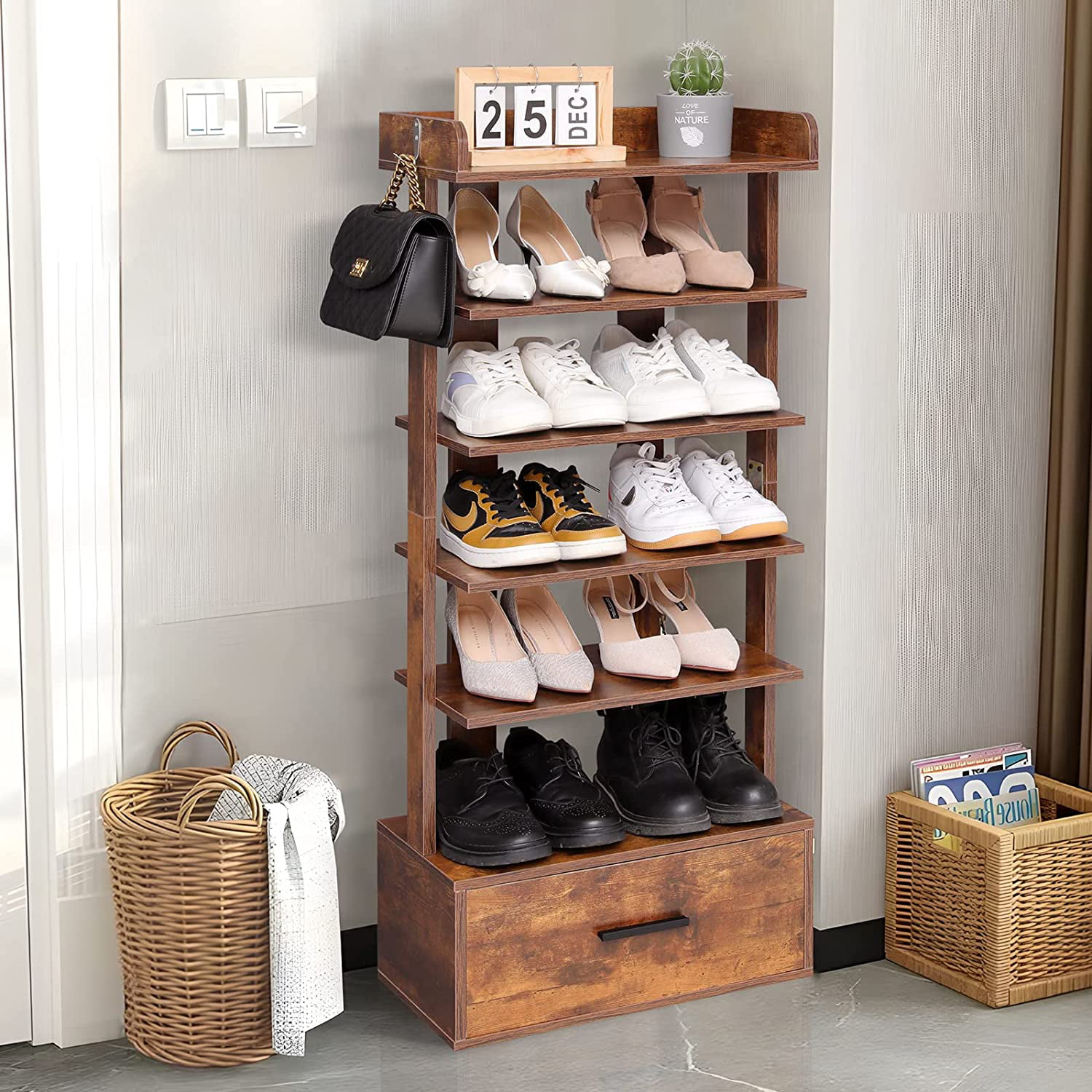 6 Tiers Vertical Shoe Rack, Entryway Wooden Shoe Rack with Bottom Drawer &  Extra Top Storage, Tall Shoe Rack Organizer with 2 Hooks, Space Saving Shoe  Tower for Small Space, Rustic Brown 