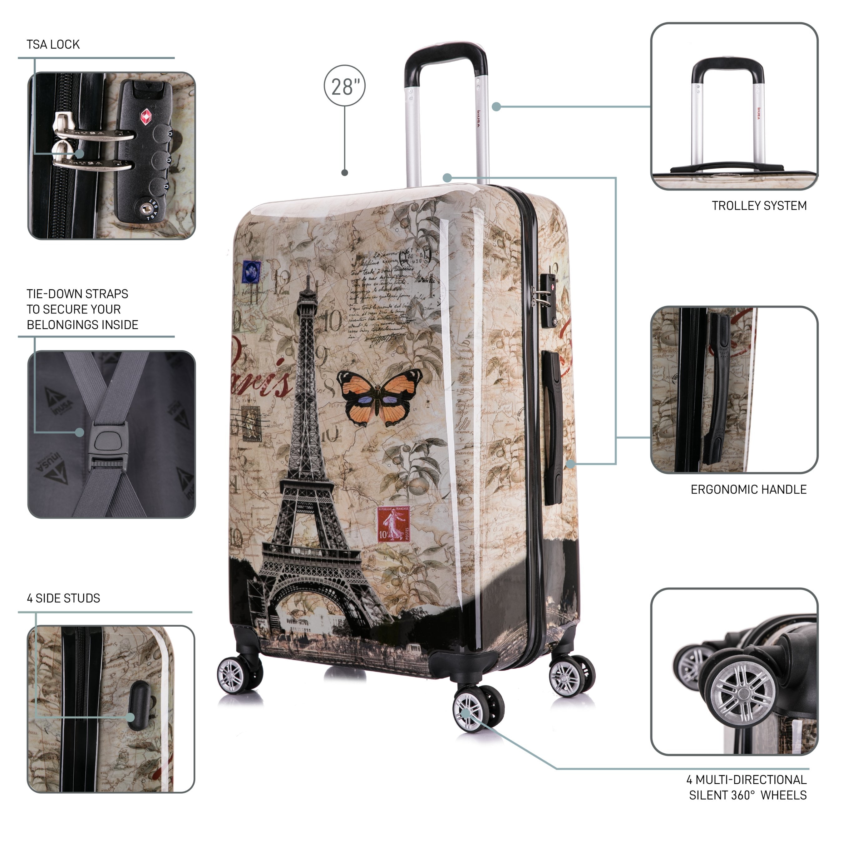 InUSA Print 28" Hardside Lightweight Luggage with Spinner Wheels, Handle and Trolley, Paris