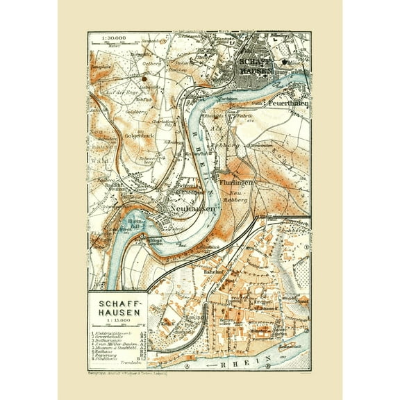 Historic Map - Schaffhausen Switzerland - Baedeker 1921 - 23 x 32.29 - Vintage Wall Art