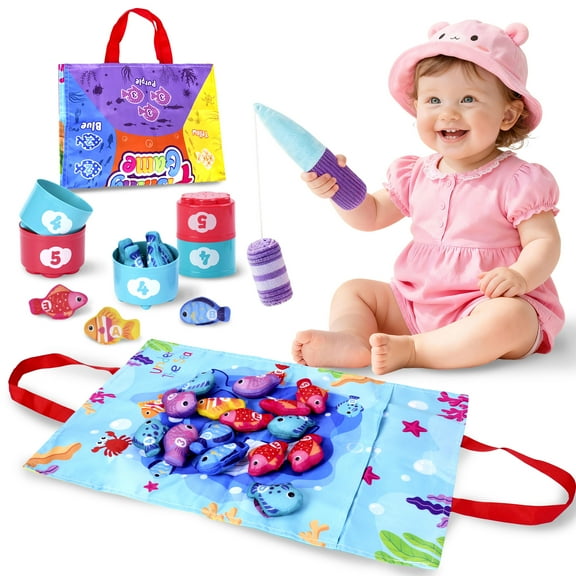 PayUSD Sensory Toys for 1 Year Old Toddler Fishing Set, 22 PCS Soft Fabric Fish Game with Stacking Cups & Storage Mat, Educational Learning Toy Counting & Fine Motor Skills, Christmas Birthday Gifts