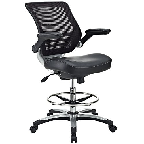 Modway Edge Drafting Chair In Black Vinyl - Reception Desk Chair - Tall Office Chair For Adjustable Standing Desks - Flip-Up Arm Drafting Table Chair