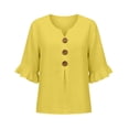 thumbnail image 4 of Oversized Tshirts for Women Casual Cotton Linen Blouse V Neck 3/4 Sleeve Button Decor Loose Fit Yellow Summer Tops for Women, 4 of 9