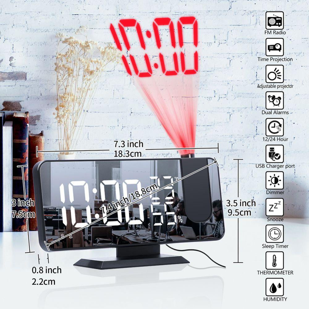 Digital Alarm Clock Projection Alarm Clock with 7.3Inch LED Radio 180° Projector Modern Mirror Surface Alarm Clock with Snooze Function/2 Alarm Sounds/4 Dimmer/USB Phone Charg-er Black 