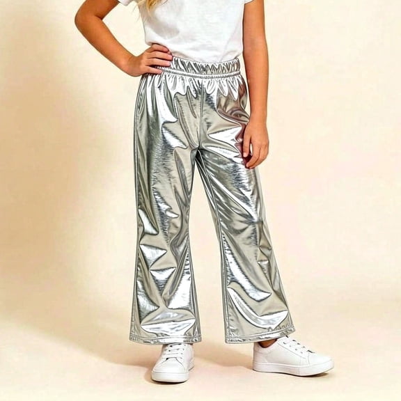 Chbgutlmr Kids Pants Metallic Performance Pants High Elastic Waist Bell Bottom Flare Pants Trendy Dressy Trousers
