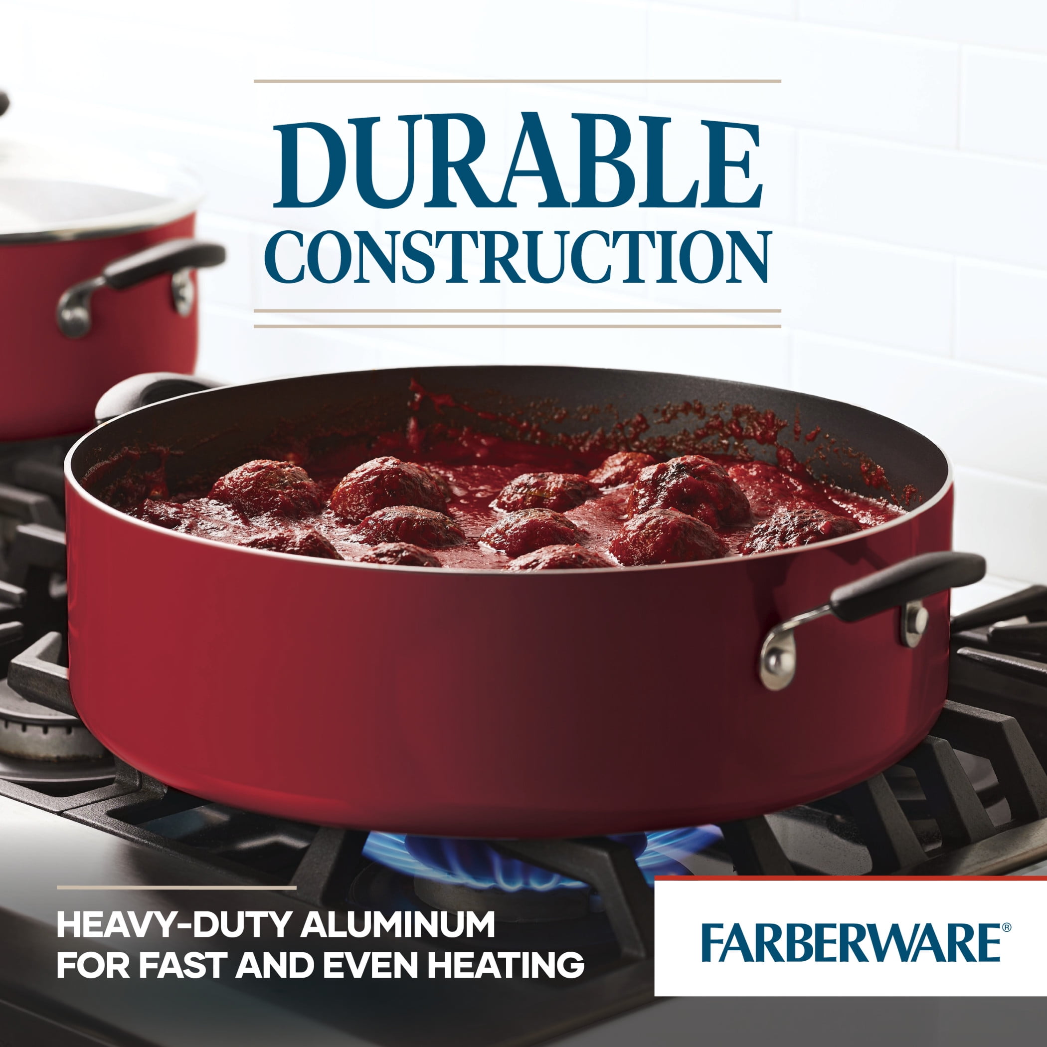 Farberware Easy Clean 14" Nonstick Family Pan, Jumbo Cooker With Lid, Red