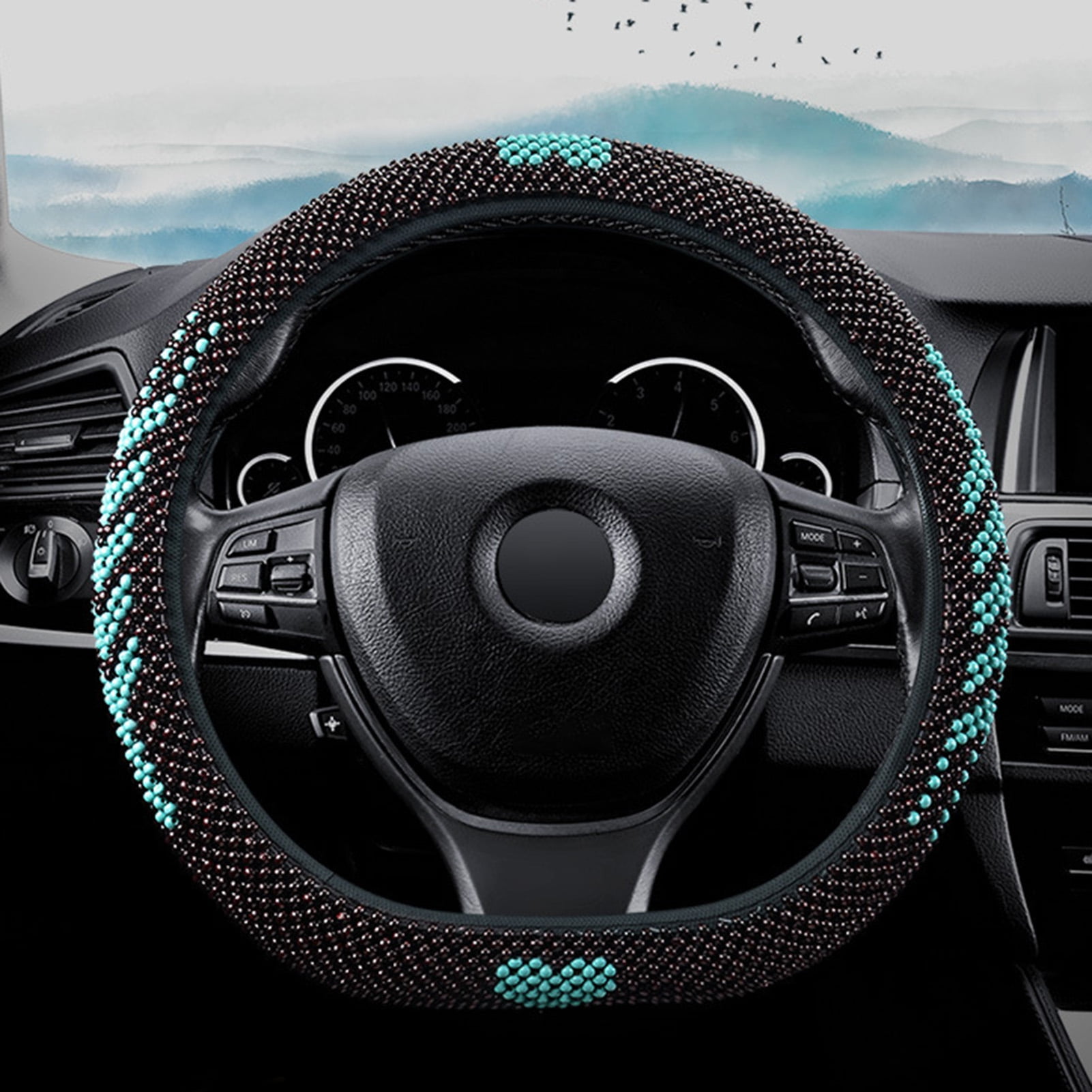 Happy Date Car Steering Wheel Cover,Delicate Workmanship Breathable Beaded Anti-Skid Perfect Decor Comfortable Grip Wooden Bead Steering Wheel Cover for Automobiles