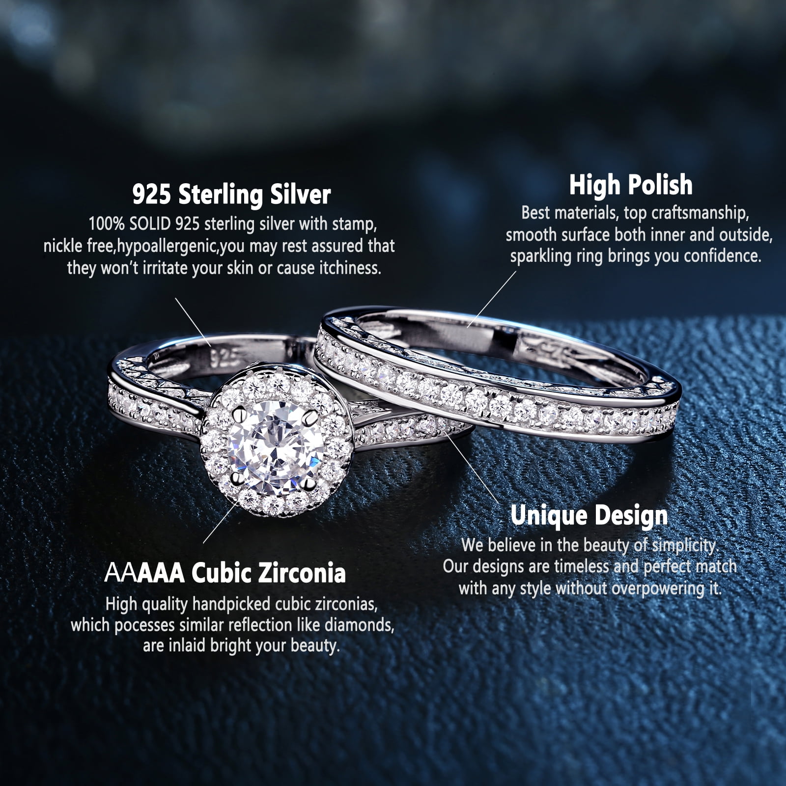 Newshe Wedding Rings for Women Engagement Ring Set 925 Sterling Silver 2.4Ct Round White AAAAA Cz Size 6