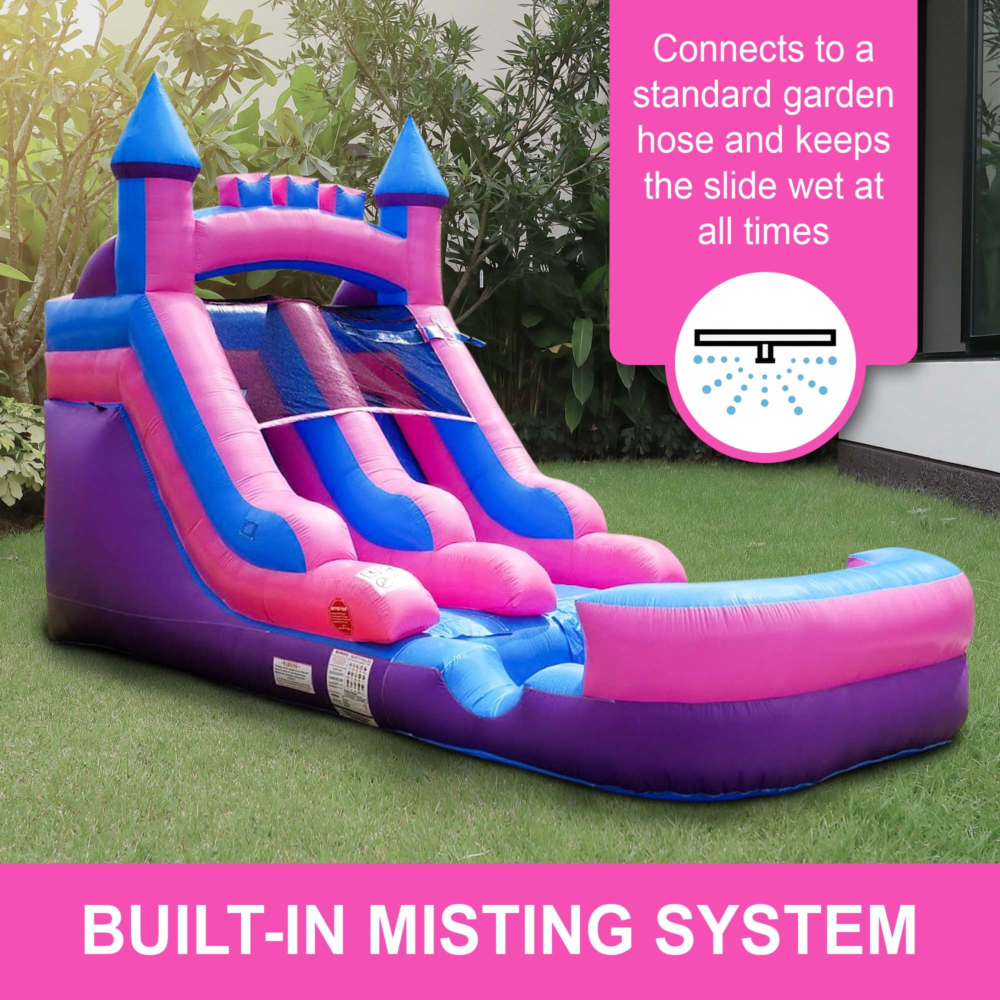 Pogo Bounce House Crossover Kids Inflatable Water Slide, Pink Castle With Blower, 12 ft