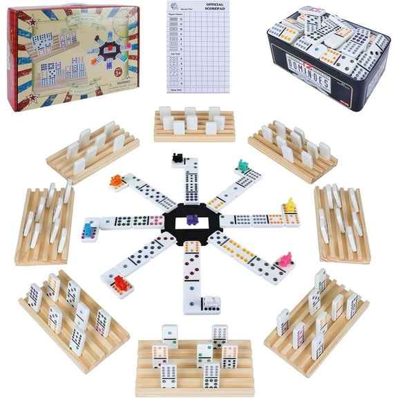 Fugocen Double 12 Mexican Train Dominoes Set for Adults with 8pcs Wooden Trays, 9 Train Markers, 91 Color Dot Tile Dominos in Tin Box & Hub