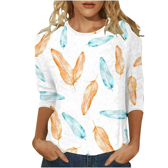 Women's T-Shirts Ladies Fashion Casual Feather Print Sport Round Neck T Shirt Comfortable Loose Sleeve Top for Everyday Wear