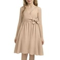 thumbnail image 2 of AINIYS Girls V-Neck Tie Waist Dress With Hidden Back Zipper Flowy Skirt For Casual Daily And Birthday Party Khaki 2-3Years, 2 of 5