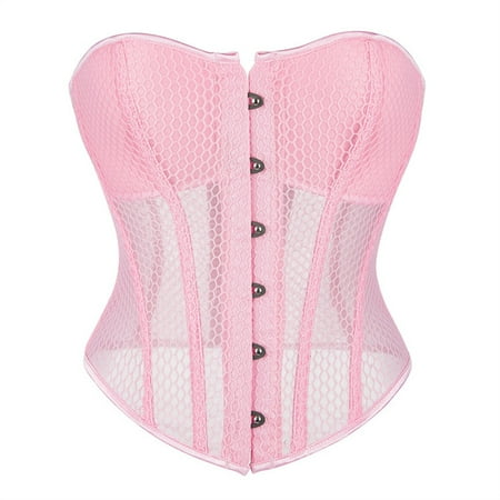 CHCNHAC Lace Corset Tops for Women Floral Pleated Trim Overbust Corset Satin Boned Lace Up Strapless Shapewear Cute Plus Size Victorian Corsets Pink L
