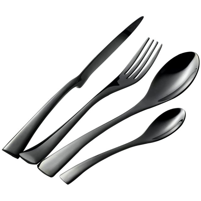 Juego de vajilla de cuatro piezas de acero inoxidable de titanio negro, cuchillo para cena, cuchara de mesa, tenedor de mesa y cucharadita, 4 piezas