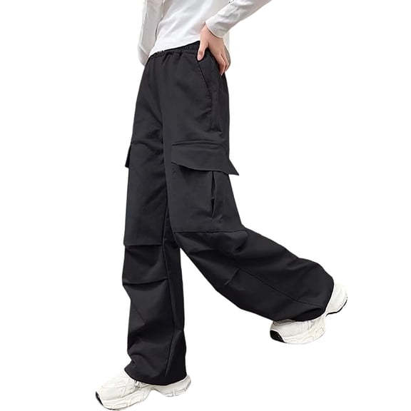 SJLDQY Cargo Pants for Girls Elastic Waist Casual Baggy Pants Solid Color Straight Leg Trousers with Pockets