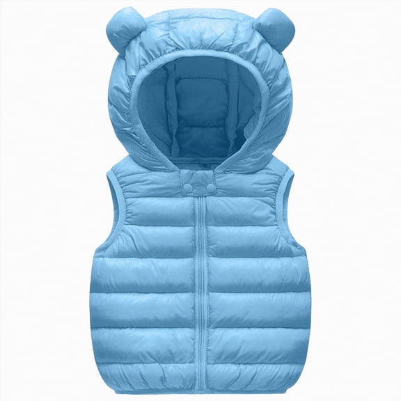 Gvdentm Baby Boys Girls Hooded Puffer Vest Winter Lightweight Sleeveless Bear Ears Zipper Up Jacket Warm Thicken(Light Blue,12-18 Months)