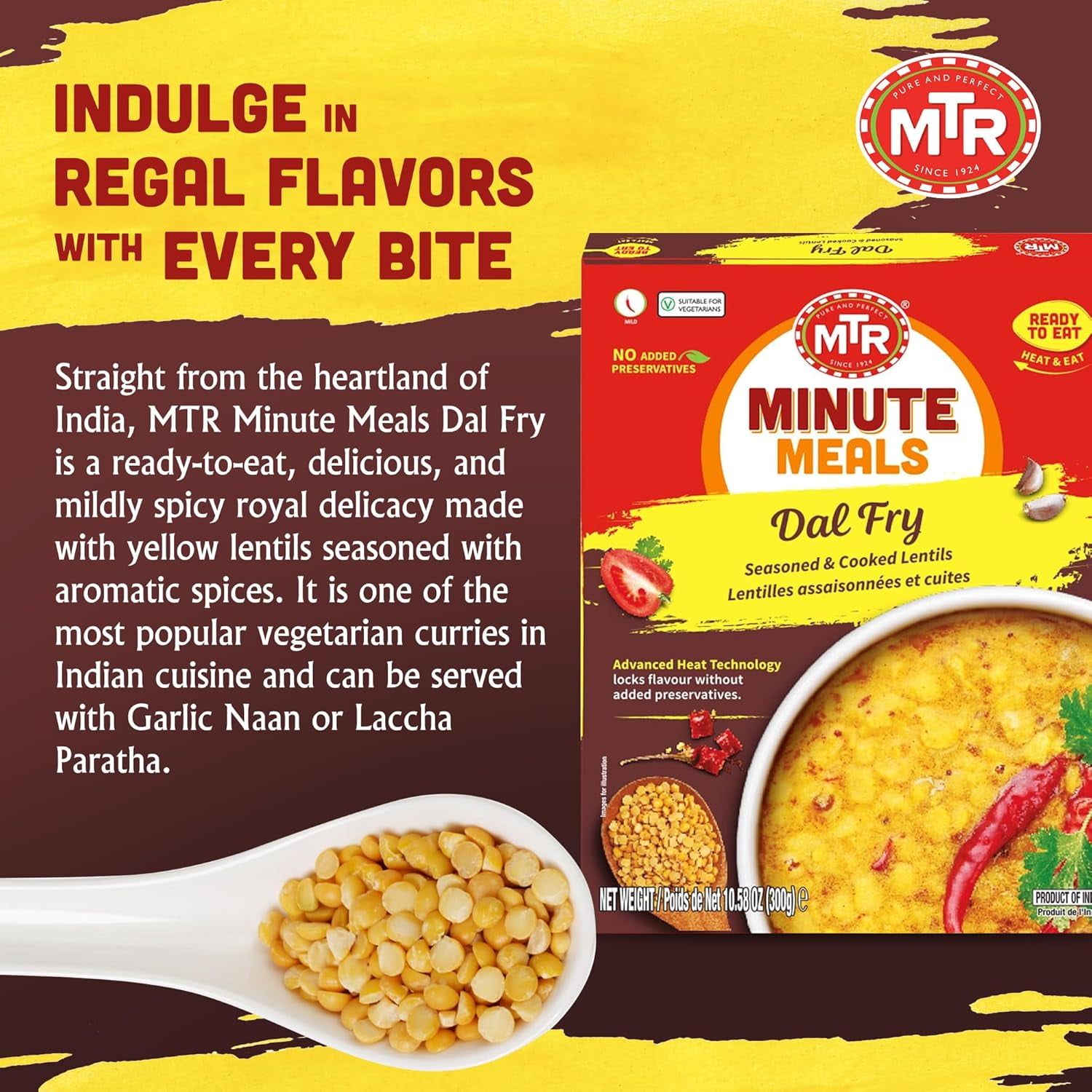 MTR Dal Fry - Flavorful Seasoned & Cooked Lentils - Authentic Indian Ready-To-Eat Meal - No Added Preservatives - A Quick Meal Suitable for Vegetarians, Ready in Minutes! (300g, Pack of 6)