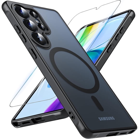 XZQFDC Samsung Galaxy S25 Ultra Case 6.86'', Magnetic S25 Ultra Case for Magsafe with Tempered Glass Screen,  Translucent Back Slim Bumper Cover Phone Case Galaxy S25 Ultra, Black