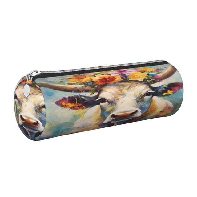 Easygdp Oil Painting Flower Cow para Estuche de Lápices Cilíndrico de Cuero con Cremallera, Organizador de Lápices de Cuero para Escuela, Oficina y Viajes
