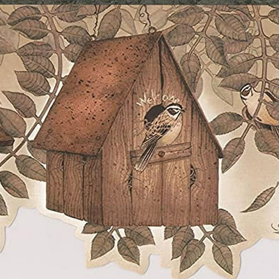 Concord Wallcoverings Wallpaper Border Retro Garden Pattern Birds Houses Leaves for Cottage Farmhouse Trailer House, Brown Beige Black, 6.25 Inches by 15 Feet PC95172B