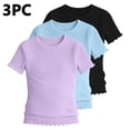 thumbnail image 4 of KyCheLot 3 Pack Ribbed Knit Tops for Girls Crew Neck Solid Color Short Sleeve T-Shirts Trendy Ruffle Trim T-Shirts, 4 of 5