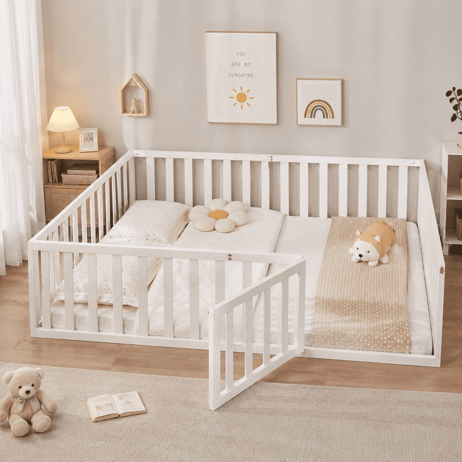 Full Size Floor Bed Platform Bed with Fence and Door, Wooden Montessori Bed Toddler Bed Kids Playhouse Bed with Guardrails for Boys Girls, No Slats
