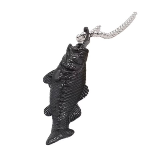 PAMTIER Unisex Stainless Steel Personality Vintage Hip Hop Skeleton Large Fish Bones Koi Goldfish Fishhook Lucky Pendant Necklace Black Free Chain