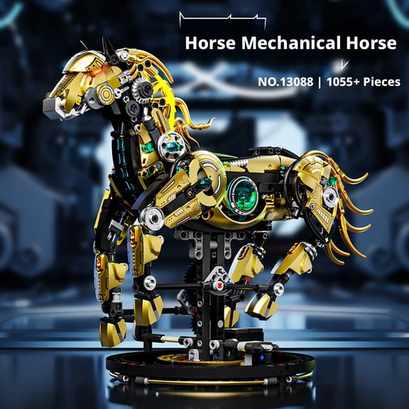 Golden Aura Cyber-Steed: Advanced Mechanical Horse Building Set with Luminous Accents and Gear-Driven Articulation for Majestic Home Decor and Creative Desktop Display, Shadow Edition