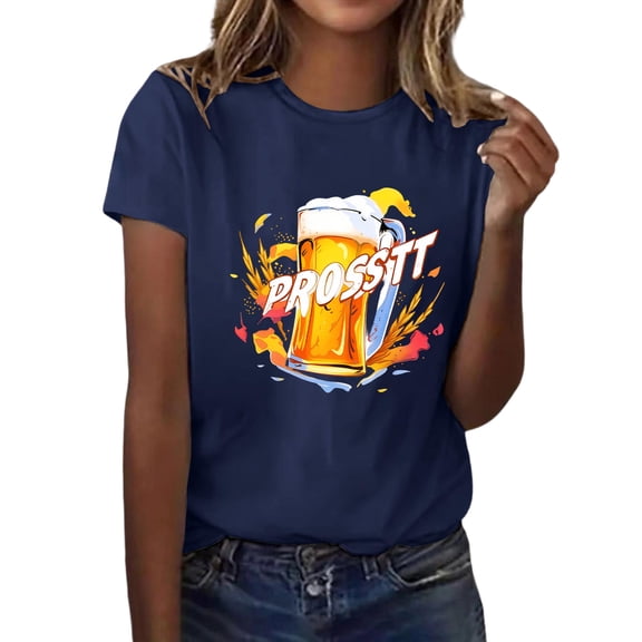 Levmjia Women's Beer Graphic T-Shirt Casual Short Sleeve Top, Funny "PROSSiT" Print Cotton-Like Tee, Loose Fit Round Neck Breathable Shirt for Women S-3XL