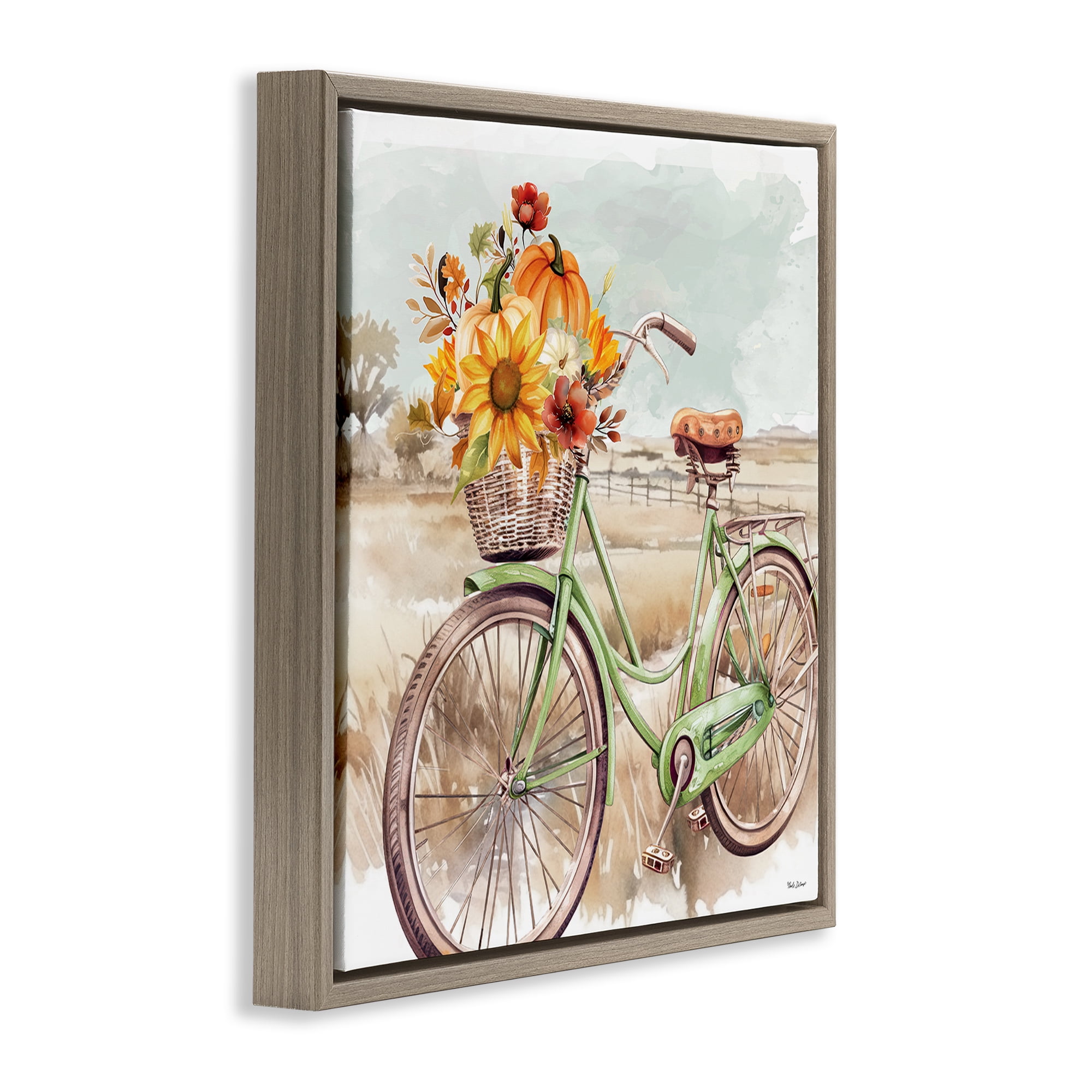Stupell Industries Fall Florals Bicycle Botanical & Floral Painting Brown Floater Framed Canvas Art Prints Wall Art, 18 x 18
