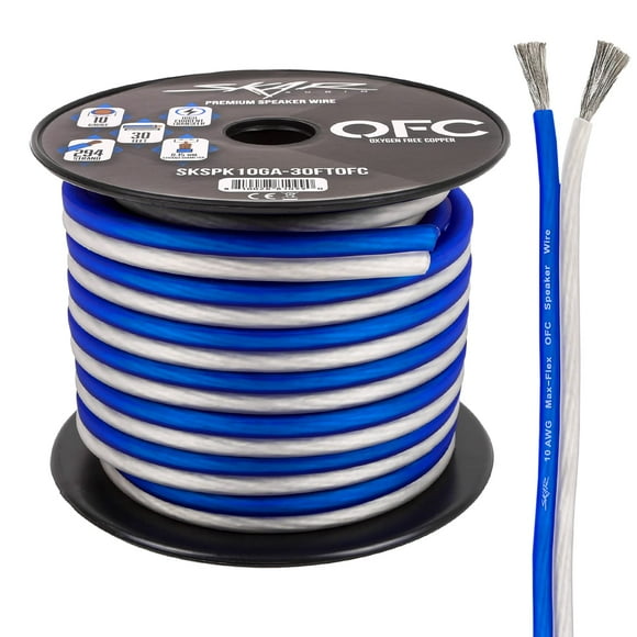 Skar Audio Fil de Haut-Parleur Audio en Cuivre Sans Oxygène 10 Gauge (AWG) - 30 Pieds (Bleu/blanc)