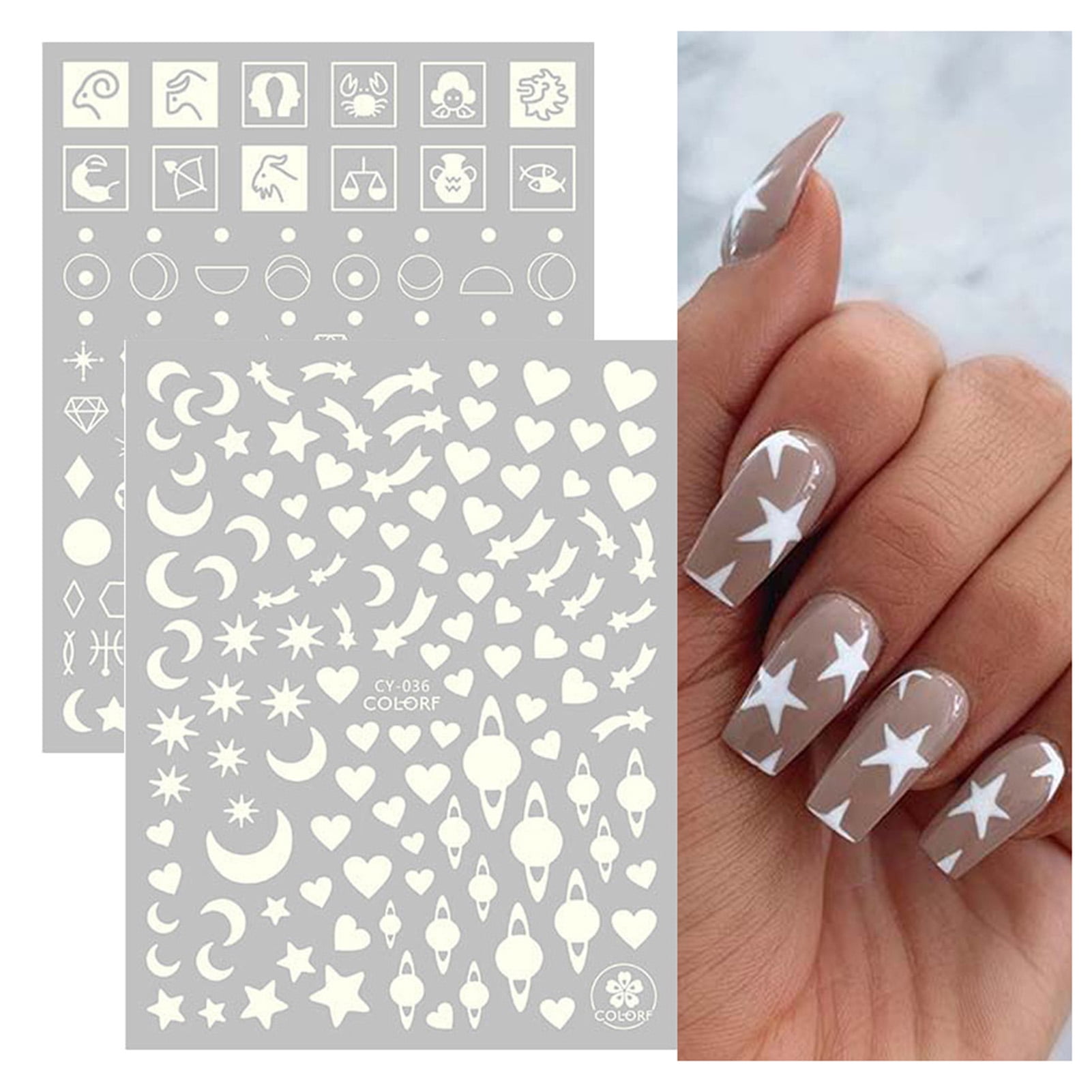Zhaomeidaxi 6 Sheets Luminous Stars Moon Flowers Nail Art Stickers, 3D Self Adhesive Star Butterfly Flower Heart Nail Design for Women Girls, Glow in