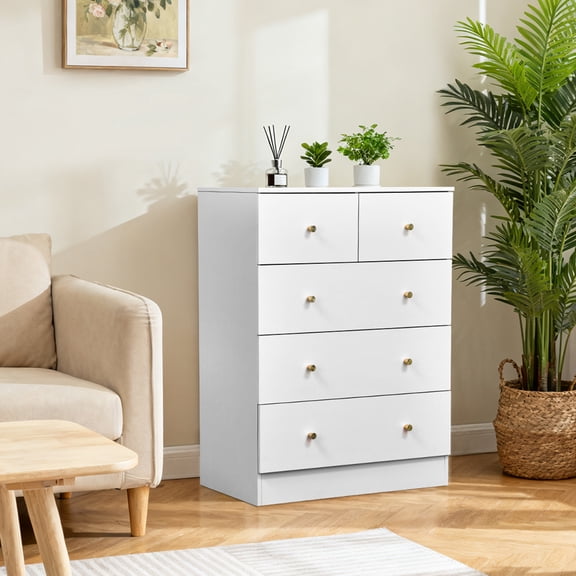 5-Drawer Dresser, 3 2 Drawer Storage Cabinet with Linen-Textured Melamine Surface, Gold Handles, Particle Board Chest of Drawers for Bedroom Living Room Hallway
