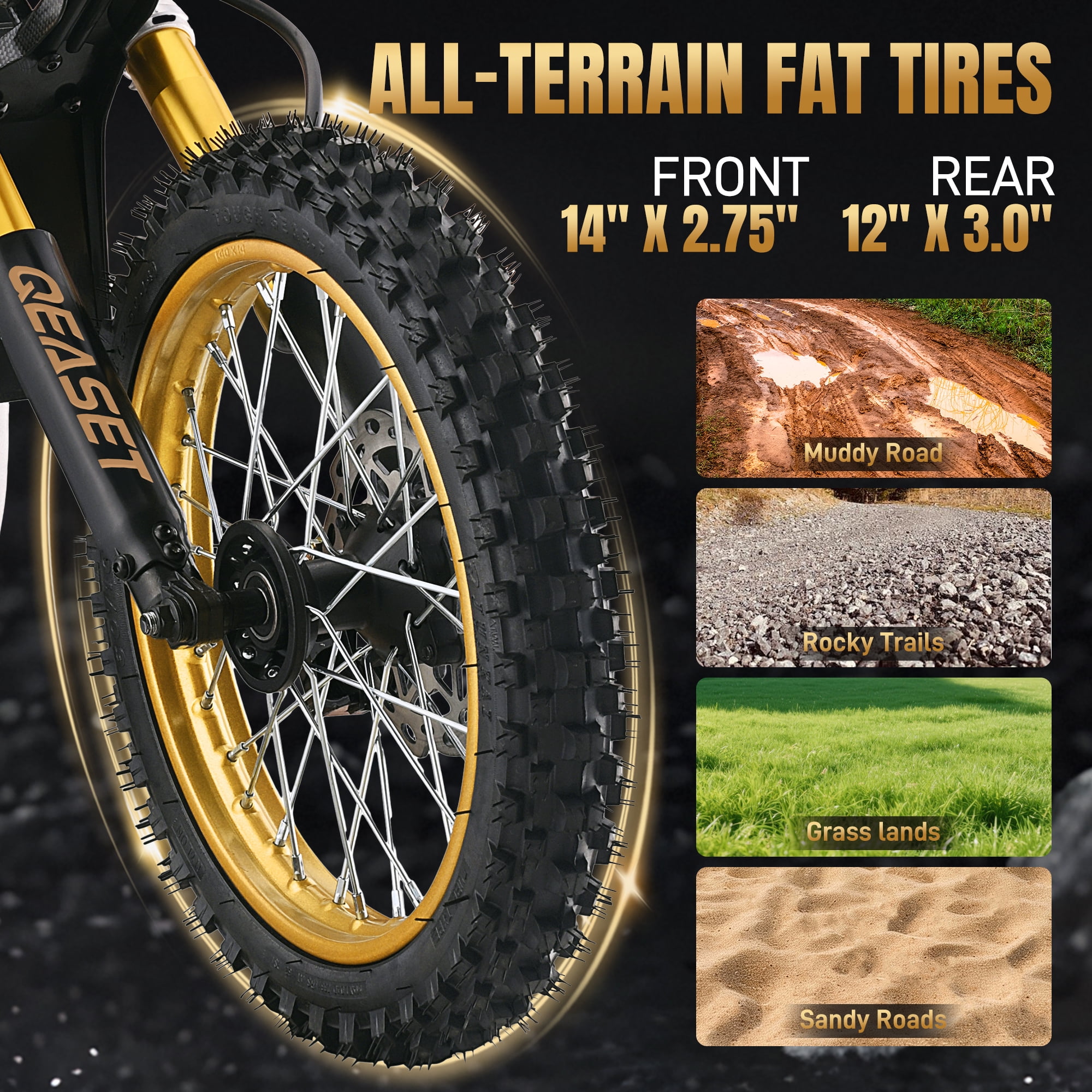 QEASET Electric Dirt Bike, 3000W (Peak Power) 48V, All Terrain Motorized Dirt Bikes, Cool Gifts, Gold
