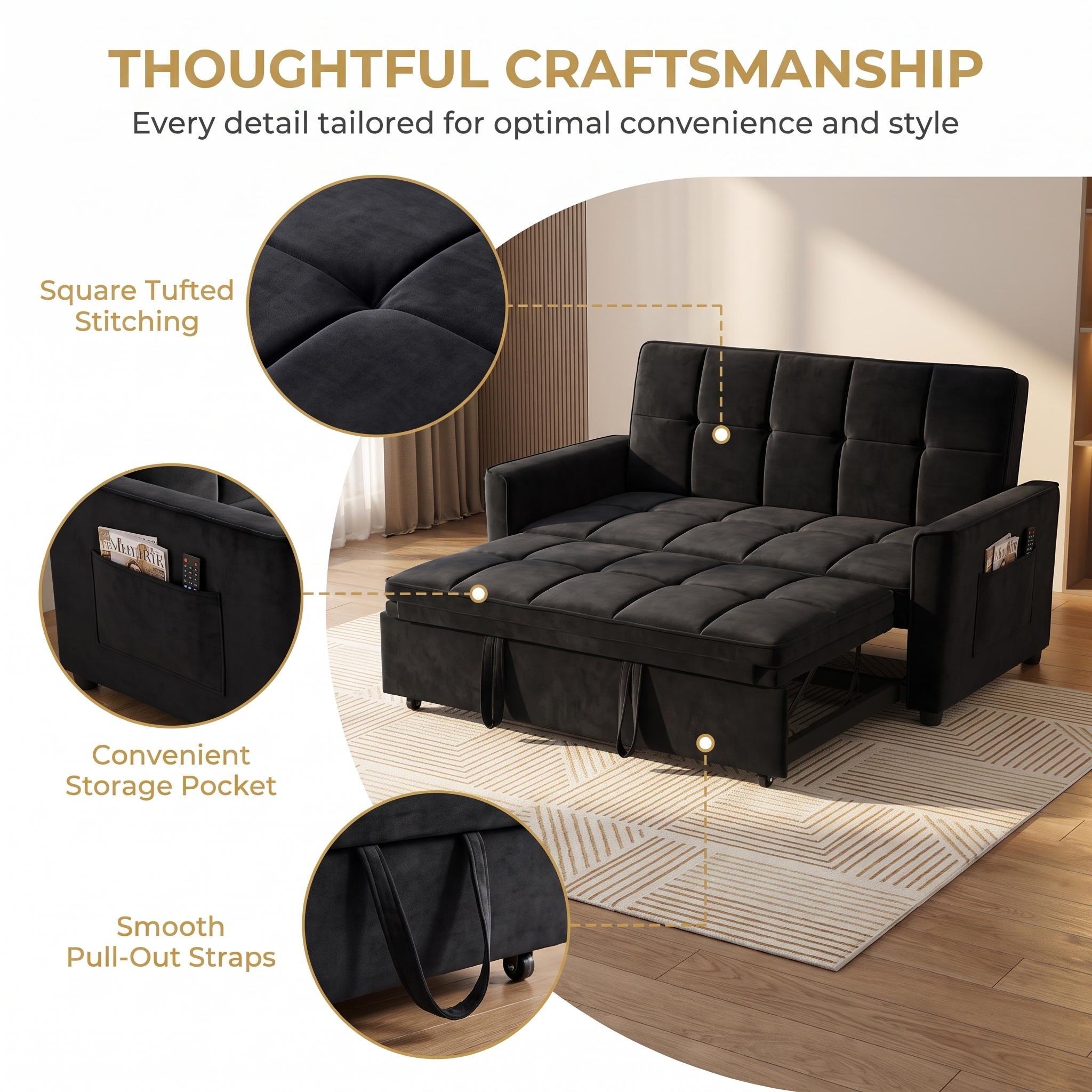 54" Convertible Sleeper Sofa Bed, Modern Velvet 3-in-1 Pull Out Loveseat Couch with 5-Position Backrest & Side Storage Pocket for Living Room, Black