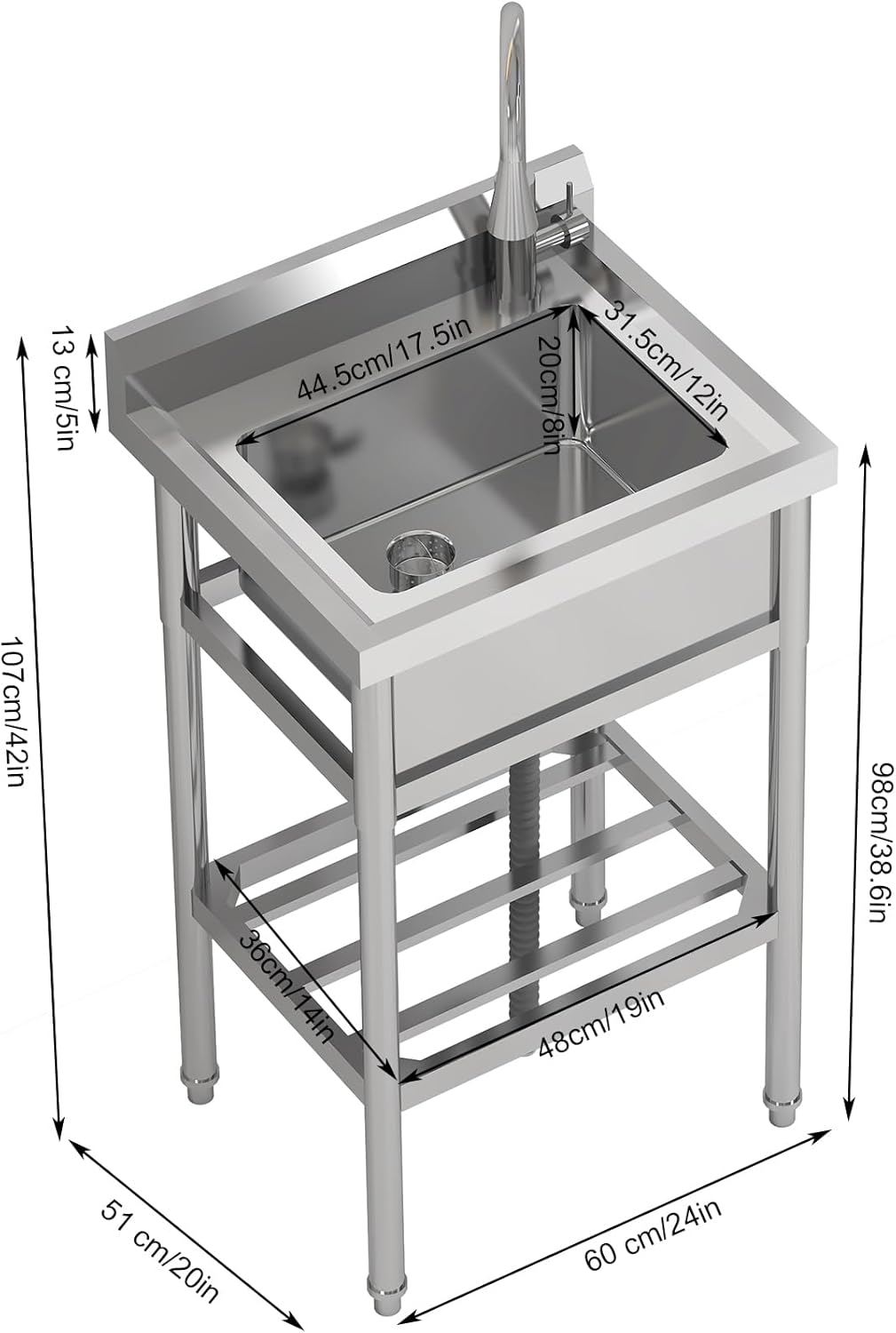 24 Inch Utility Sink With Faucet & Cold and Hot Water Pipes, Free Standing Sink for Kitchen Laundry Room Bathroom Restaurant Garage Garden Backyard, Stainless Steel Sink, Single Bowl Sink