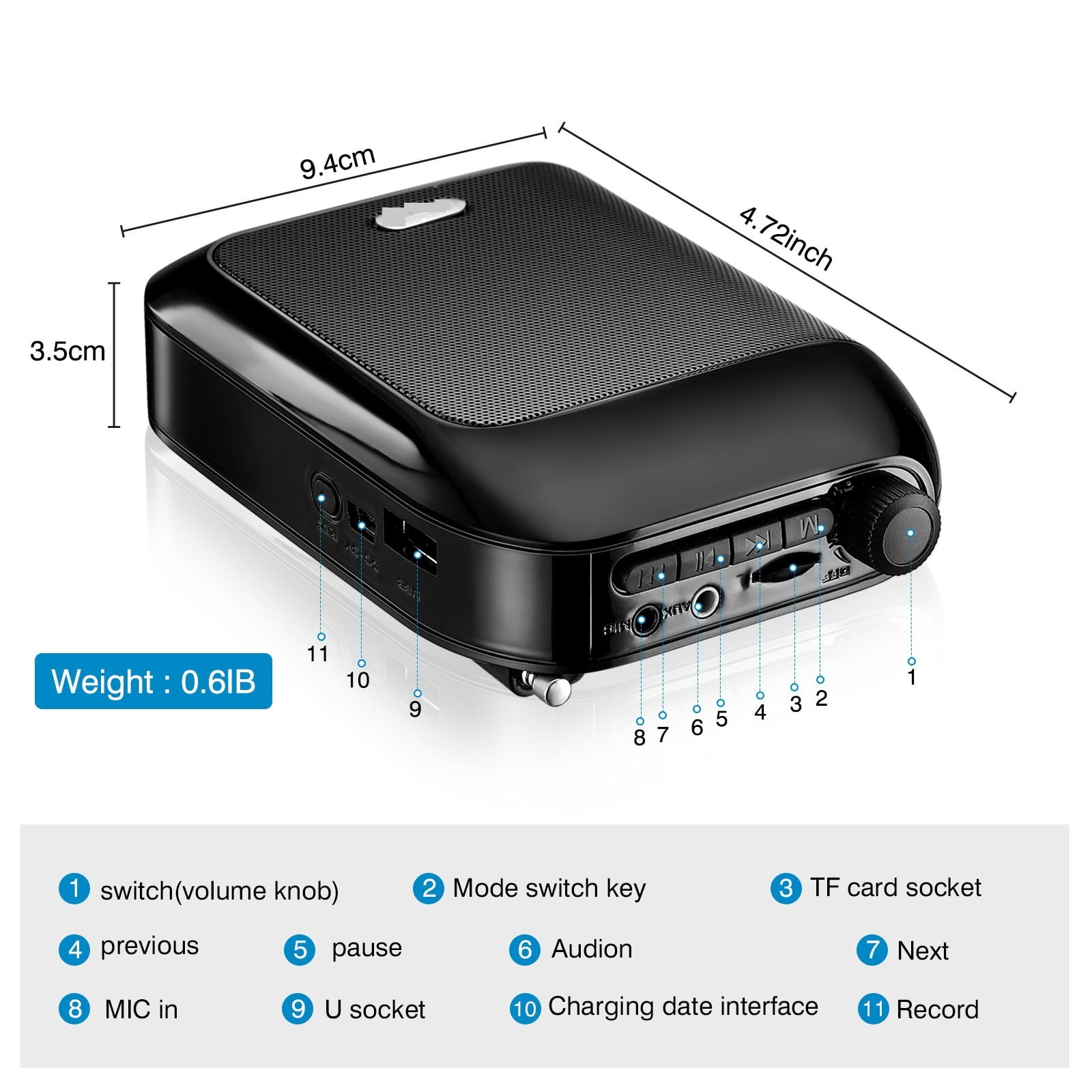 Megaphone UHF Wireless Blue-tooth Speaker 15W Cordless Voice Amplifier Loudspeaker 7.4V FM Radio ,Wide Coverage Area