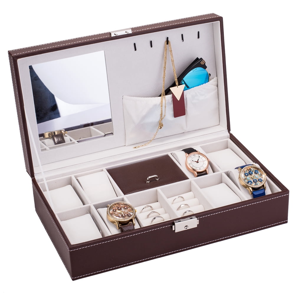 Lowestbest 8 Slots Jewelry Watch Box, Organizer Storage Case with Lock and Mirror for Men Women, Brown Lowestbest 8 Slots Jewelry Watch Box, Organizer Storage Case with Lock and Mirror for Men Women, Brown