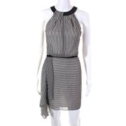 Pre-owned|HALSTON Womens Stripe Asymmetric Drape Dress Black White Size 6 12416284