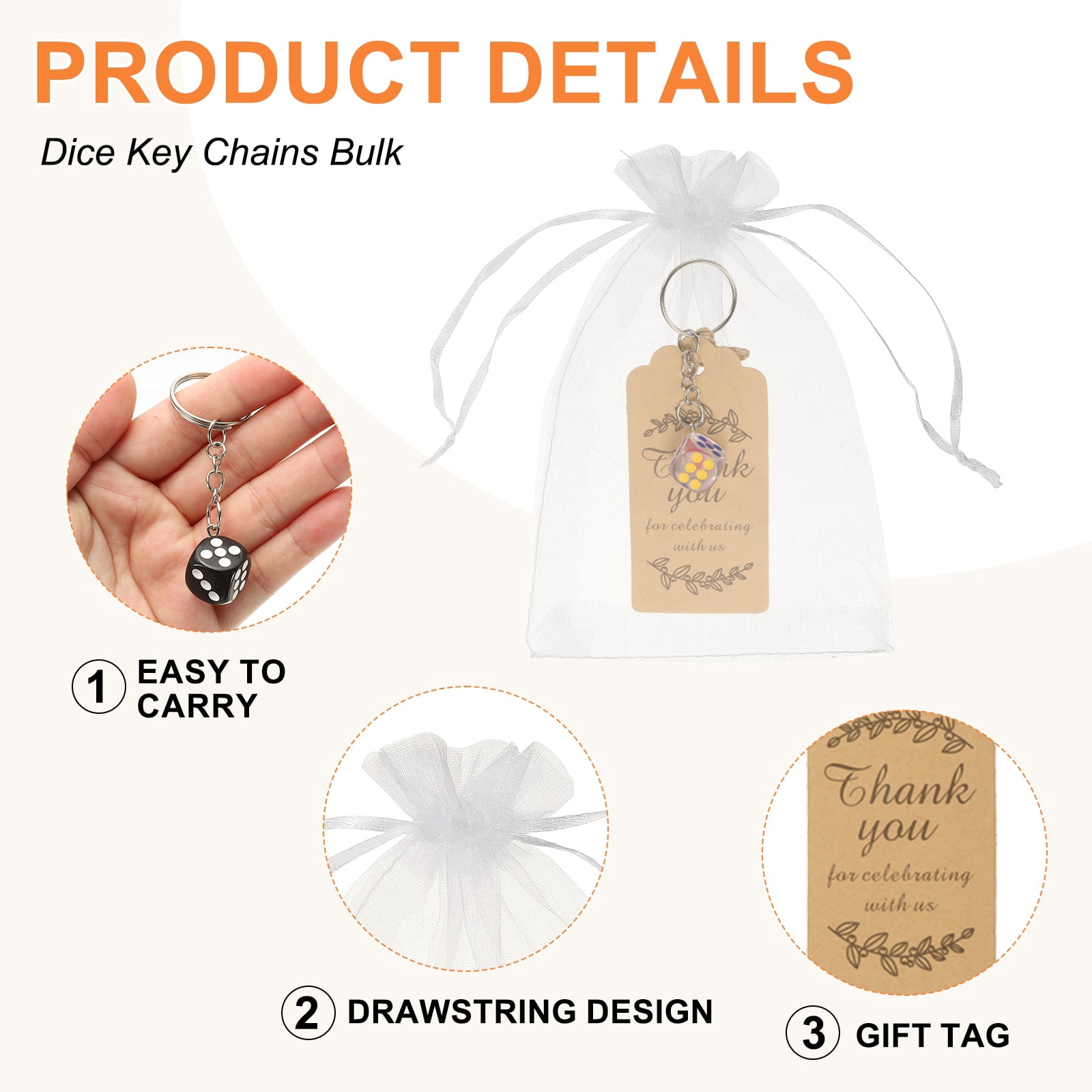 Uxcell Dice Key Chains Bulk with Jute Twine Gift Tag/Mesh Bag, Creative Keyring Charm Pendant for Bag Wallet Purse Car Cellphone Accessories, White/Black/Red