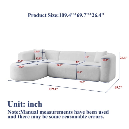 109.4" Modular Sectional Sofa with Curved Back, Chenille Upholstery, L-Shape Left Chaise, Cloud Couch for Living Room, Green