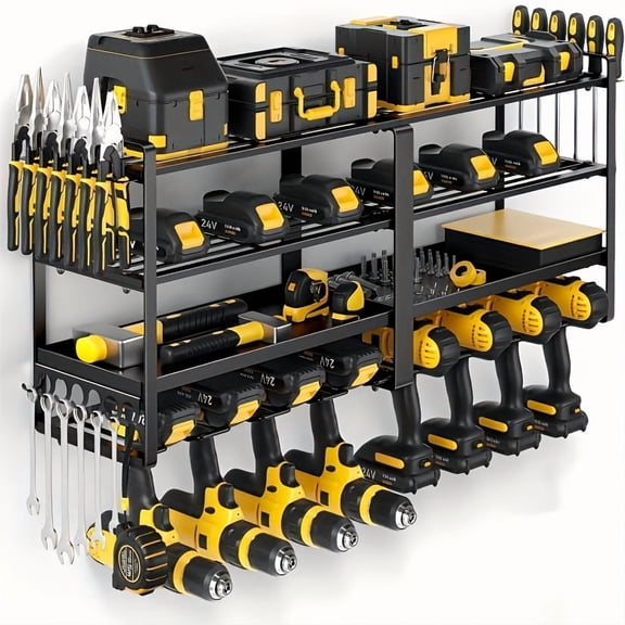 4-Tier Black Metal Power Tool Rack - Heavy-Duty Wall-Mounted Organizer with Drill Holder & Screwdriver Storage - Multi-Functional Tool Shelf for Garage Workshop