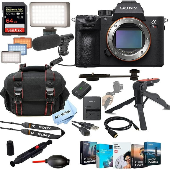 Sony Alpha a7R III Mirrorless Digital Camera Body No Lens  Shot-Gun Microphone   LED Always on Light  64GB Extreme Speed Card, Gripod, Case, and More 26pc Video Bundle