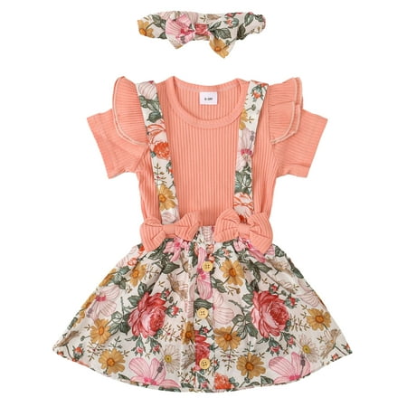 UPC: 0840316647656 | Deago Newborn Baby Girl Clothes Infant Romper Floral Suspender Dress Ruffle Sleeve Onesie Outfit Jumpsuit Headband Spring Summer