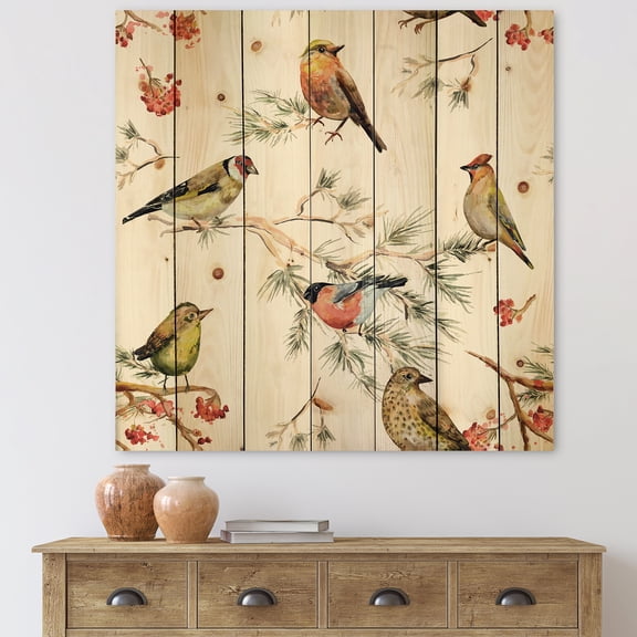Designart 'Forest Birds Sitting On Branches' Traditional Print on Natural Pine Wood