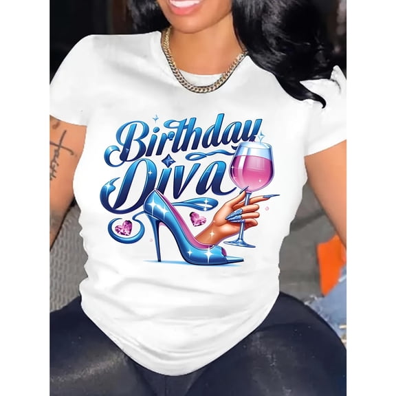 Women's White "Birthday Diva" Graphic Tee Plus Size S-5XL, Glam Printed T-Shirt, Casual Oversized Top for Birthday & Fashion Enthusiasts