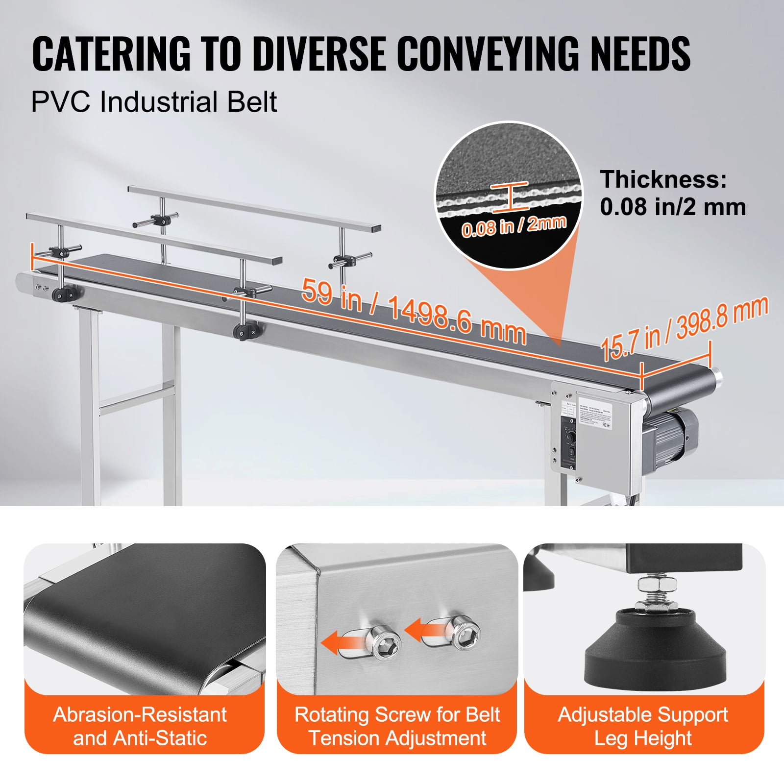 KFFKFF Motorized Conveyor Belt, 59x15.7 in, Durable Stainless Steel, Ideal for Inkjet Coding, Features Anti-Static PVC, Adjustable Speeds with Dual Guardrails